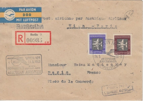 DDR - AUA Erstflug Wien Stuttgart Paris Zuleitungspost Einschreibebrief 1958