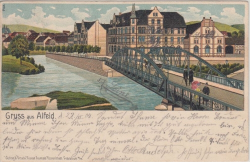 Niedersachsen - Alfeld Brücke Kaiserhof Farblitho gelaufen 1904