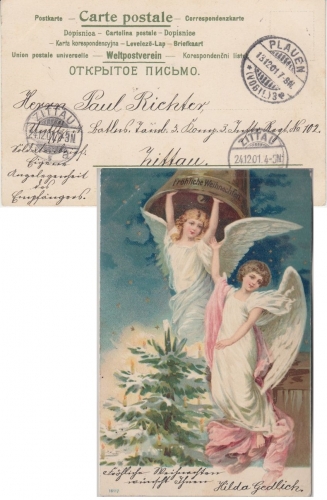 Weihnachten - Engel Christbaum Glocke farbige Ansichtskarte Plauen 1901