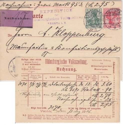 DR - 10+5 Pfg. Germania Nachnahmekarte Vechta - Freren 1907 Oldenb. Volkszeitung