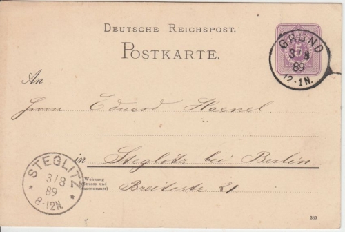 DR - Grund 3.8.89 kleiner K1 5 Pfg. Ganzsache n. Steglitz