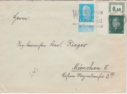 DR - 8 Pfg. Ebert/30. Juni Bogenecke Oberrand Walze u.a. Brief Wiesbaden 1032