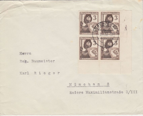 DR - 3 Pfg. Luftschutz 4er-Block Bogenecke Brief Düsseldorf - München 1937