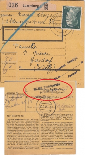 Dt. Bes. Luxemburg - 50 Pfg. AH Paketkarte n. Goesdorf/Wilz 1943 Erstattungsstpl