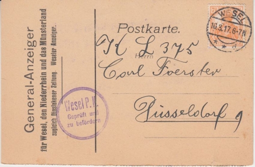 DR - 7 1/2 Pfg. Germania Firmenkarte Wesel - Düsseldorf 1917 Zensur Wesel
