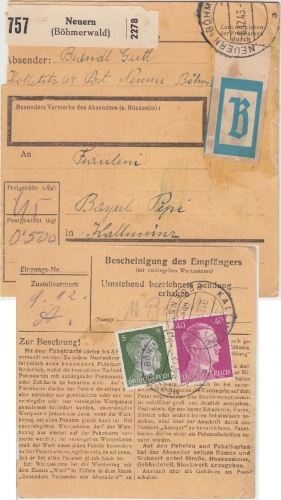 DR - 40+5 Pfg. AH Paketkarte/Beutelstück Neuern (Böhmerwald) - Kallmünz 1943