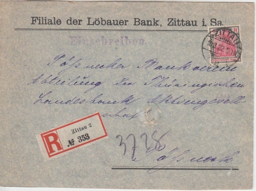 DR - 4 M. Germania Einschreibebrief Zittau 2 - Pößneck 1922