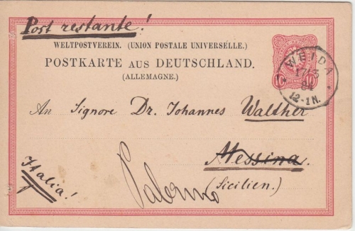 DR - 10 Pfg. Ganzsache n. ITALIEN Weida - Messina/postlagernd 1884 Weiterleitg.