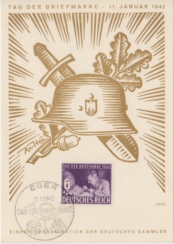 DR - Eger 11.1.1942 Tag der Briefmarke ESST + Sonderkarte/FDC