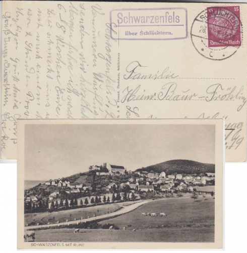 DR - Schwarzenfels ü. Schlüchtern Landpost-Ra2 Karte i.d. SCHWEIZ n. Zürich 1937