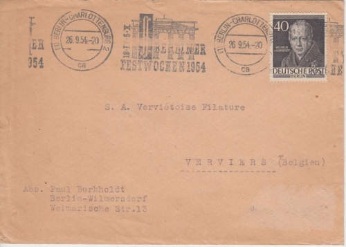 Berlin - 40 Pfg. Wilhelm Humboldt Brief n. BELGIEN Charlottenburg 1954
