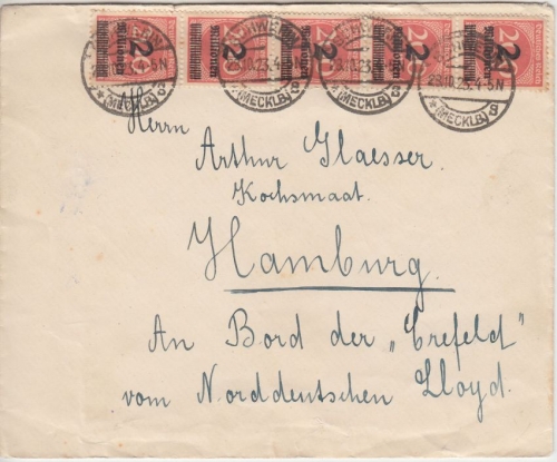 DR-Infla - 5x2 Mio./200 M. Ziffer Brief Schwerin Hamburg/Schiffsadresse 28.10.23