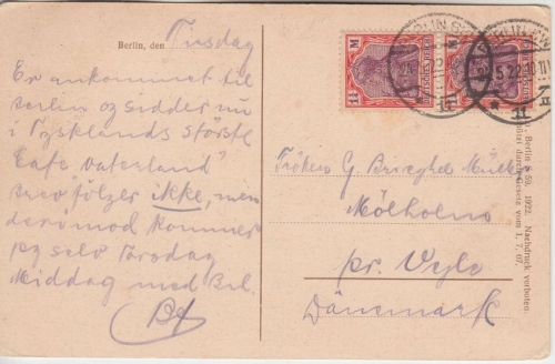 DR 2x 1 1/4 M. Germana Postkarte n. DÄNEMARK Berlin 1922 AK Kaffeehaus Vaterland