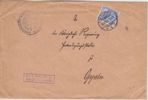 DR - 20 Pfg. Frei d. Ablösung Nr. 21 Dienstbrief Gleiwitz - Oppeln 10.12.03