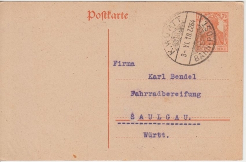 DR - K.Württ Bahnpost (16) Z. 264 Ganzsache Bittelbronn - Saulgau 1918