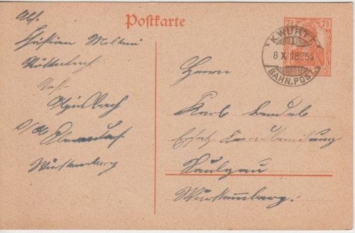 DR - K.Württ Bahnpost (I) Z. 254 Ganzsache Alpirsbach - Saulgau 1918