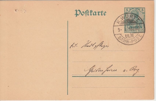 DR - K.Württ Bahnpost Ulm Z. 522 Ganzsache Langenau - Heidenheim 1916