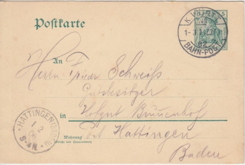 DR - K.Württ Bahnpost No.82 Z. 370 Ganzsache Ulm - Hattingen 1906