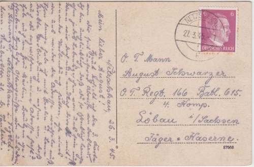 DR - Netzschkau 27.3.45 farb. AK Breslau an angeh. OT-Rgt. 166/615. Btl. Löbau