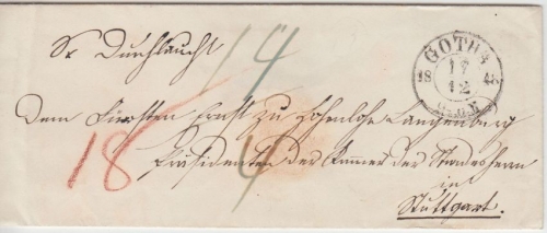 Thurn & Taxis/Württemberg - Gotha 1848 K2 Portobrief n. Stuttgart - Adressat !!