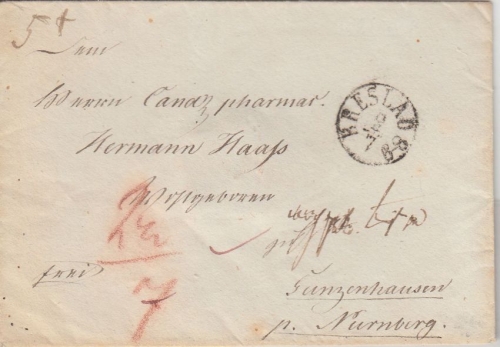 Preussen/Bayern - Breslau 2/7 Fingerhut-K1 Francobrief n. Gunzenhausen undat.