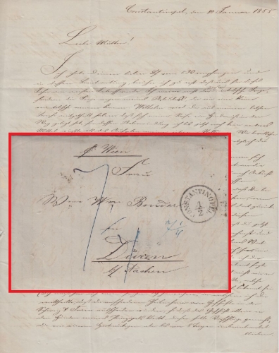 Österr. Levante/Preussen - Constantinopel 1/2 K1 Brief n. Düren 1855