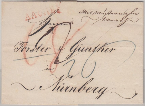 Preussen/Bayern - Aachen roter L1 Portobrief Muster o. Wert Burtscheid 1815 n.