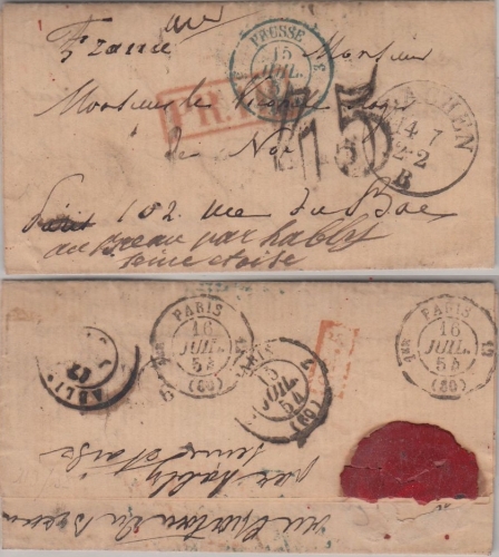 Preussen/Frankreich - Aachen 14/7 K1 Portobriefchen n. Paris 1854 Weiterleitung