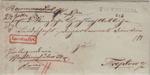 Preussen - Tirschtiegel 9/2 L2 Einschreibebrief n. Treptow 1852(?)