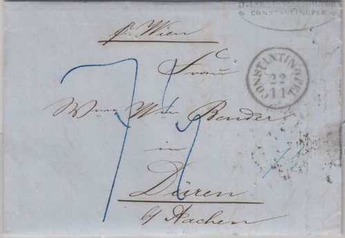 Österr. Levante/Preussen - Constantinopel 22/11 K1 Brief n. Düren 1855