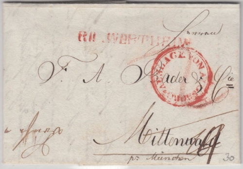 Baden/Bayern - R II Wertheim roter L1 Auslagenbrief (Ausgburg) n Mittenwald 1836