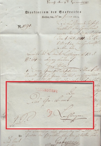Baden - R2 Constanz L1 TT-Lehenspostanstalt Portobrief n. Bohlingen 1811