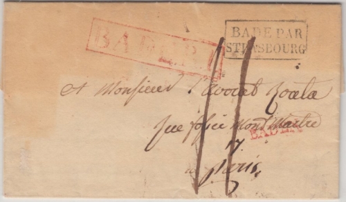 Baden/Frankreich - Baden roter L1 Portobrief n. Paris 1827 - mit Inhalt