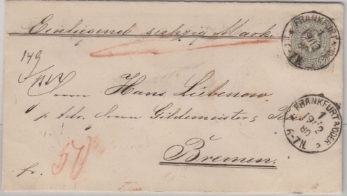 DR - 50 Pfg. Wertbrief Frankfurt a/Oder - Bremen 1880 - ohne Inhalt