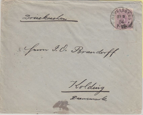 DR - 5 Pfg. Drucksachenbrief n. DÄNEMARK Gevelsberg - Kolding 1884