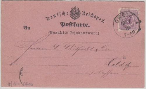 DR - 5 PfgE farbige Postkarte (bezahlte Rückantwort) Greiz - Colditz 1878