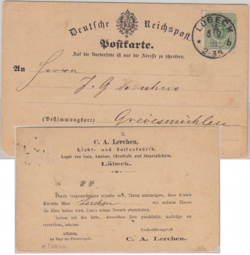 DR - 3 Pfg Reiseavis (Licht- u. Seifenfabrik Lerchen) Lübeck - Grevesmühlen 1881
