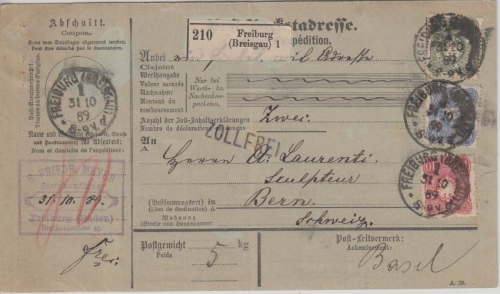 DR - 50+20+10 Pfg. Paketkarte i.d. SCHWEIZ Freiburg - Bern 1889