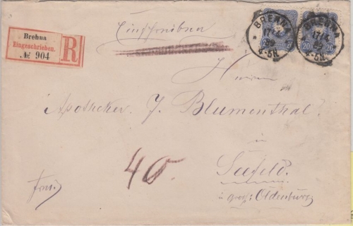 DR - 2x20 Pfg. Einschreibebrief (2.Gew.St.) Brehna - Seefeld 1889 - ohne Inhalt