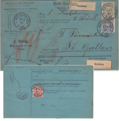 DR - 50+20+10 Pfg. Paketkarte i.d. SCHWEIZ Bensheim - St. Gallen 1887