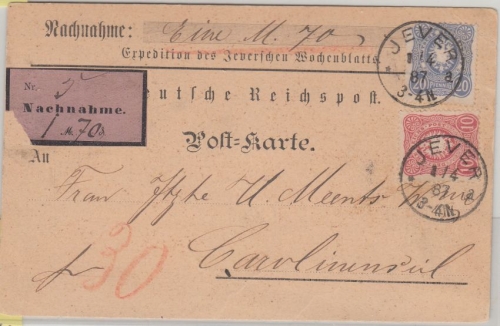 DR - 10+20 Pfg. Nachnahmekarte (Jeversches Wochenblatt) Jever Carolinensiel 1887