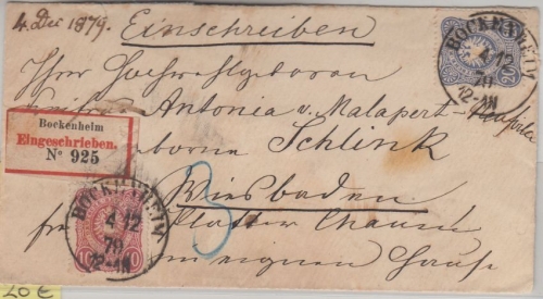 DR - 10+20 PfgE. Einschreibebrief Bockenheim - Wiesbaden 1879 - ohne Inhalt