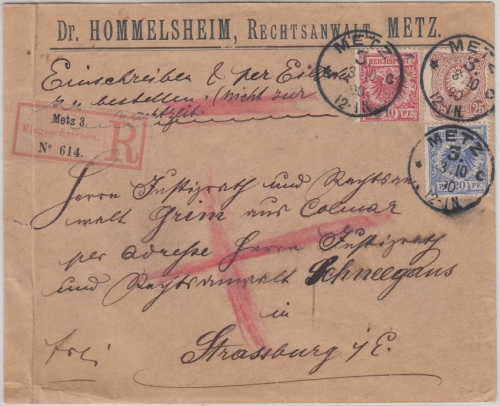 DR - 25+20+10 Pfg/Krone-Adler Eilboten Einschreibebrief Metz 3 - Strassburg 1890