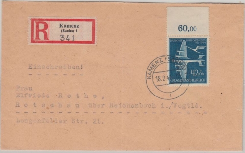 DR - 42 Pfg. Luftpostdienst Oberrand Einschreibebrief Kamenz - Rotschau 1944