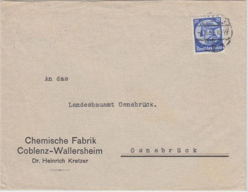 DR - 25 Pfg. Firedrich g. Große Brief (2.Gew.st.) Koblenz - Osnabrück 1933