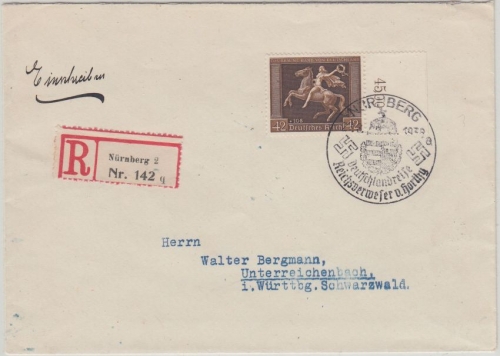 DR - 42 Pfg. Braunes Band Einschreibebrief SST Nürnberg - Unterreichenbach 1938