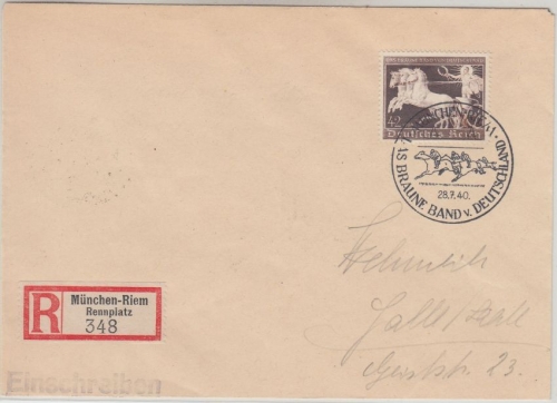 DR - 42 Pfg. Braunes Band Einschreibebrief SST München-Riem - Halle 1940