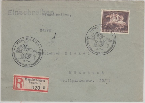 DR - 42 Pfg Braunes Band Einschreibebrief FDC ESST München-Riem 20.7.1941