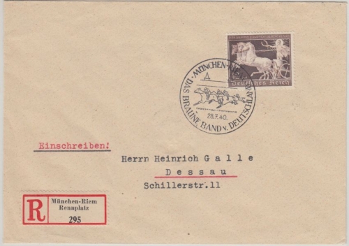 DR - 42 Pfg Braunes Band Einschreibebrief SST München-Riem - Dessau 1940