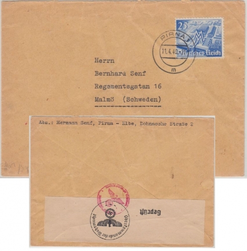 DR - 25 Pfg Leipziger Frühjahrsmesse Zensurbrief n. SCHWEDEN Pirna - Malmö 1940